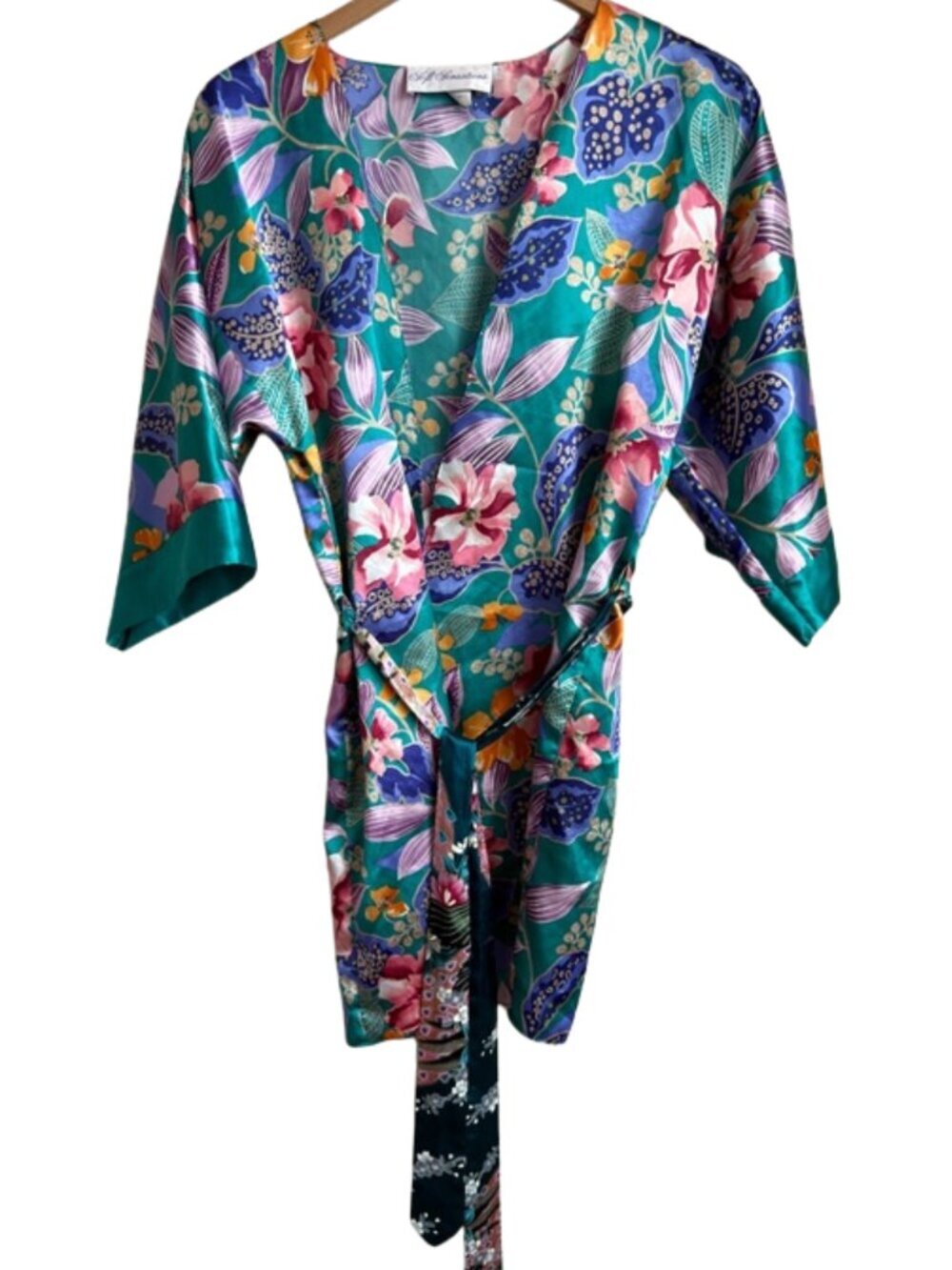 Vintage Soft Sensations 90s Satin Tropical Floral Kimono Wrap Robe Teal Small